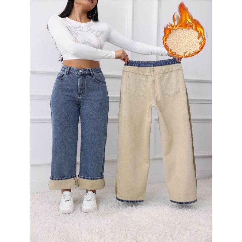 Women's Fleece Jeans, Comfortable Casual Fashion, Super Stretch Embroidered Pocket Classic Button Close, Perfect For Women, Autumn And Winter, Super Stretch Fabric, Embroidered Pocket, Straight Pant Style, Christmas New Year Gift
